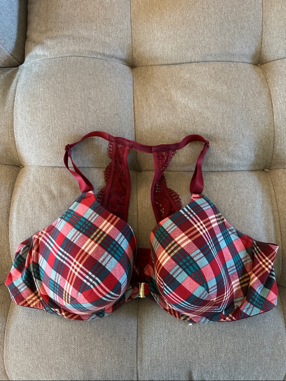 Lane Bryant Red Plaid Padded Bra with Teal Accents